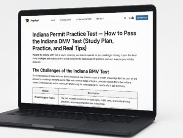 Indiana permit practice test guide on a laptop screen — study plan, sample questions, and tips to pass the Indiana DMV test.