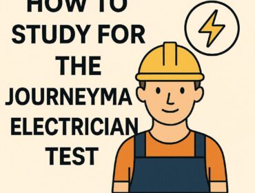 Illustration of a journeyman electrician wearing a hard hat beside the title “How to Study for the Journeyman Electrician Test” on a light background.