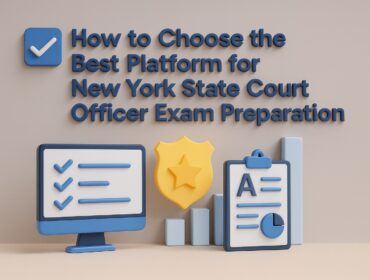 3D graphic of NYS Court Officer exam preparation tools and title text
