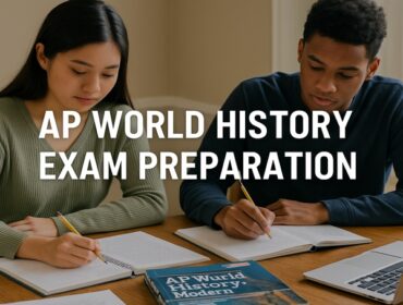 AP World History exam preparation with students practicing history questions using textbooks, notebooks, and study materials at a desk