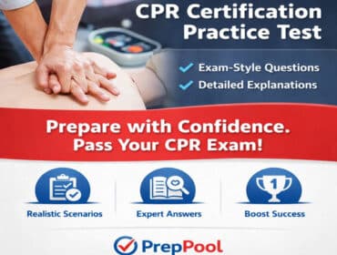 Hands performing CPR on a training mannequin with text highlighting exam-style questions and detailed explanations for CPR exam preparation