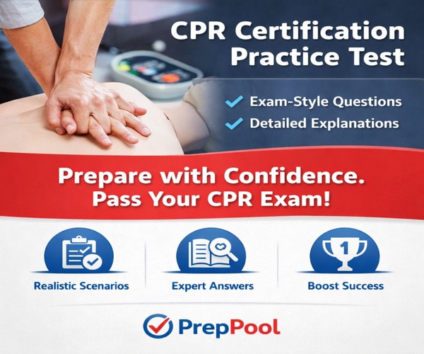 Hands performing CPR on a training mannequin with text highlighting exam-style questions and detailed explanations for CPR exam preparation