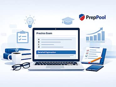 Professional online test preparation setup featuring practice exams and explanation-based learning