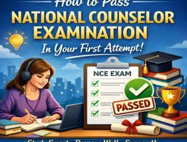 Student studying for the National Counselor Examination with laptop, books, and checklist marked passed, illustrating how to pass the NCE exam on the first attempt.