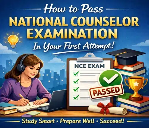 Student studying for the National Counselor Examination with laptop, books, and checklist marked passed, illustrating how to pass the NCE exam on the first attempt.