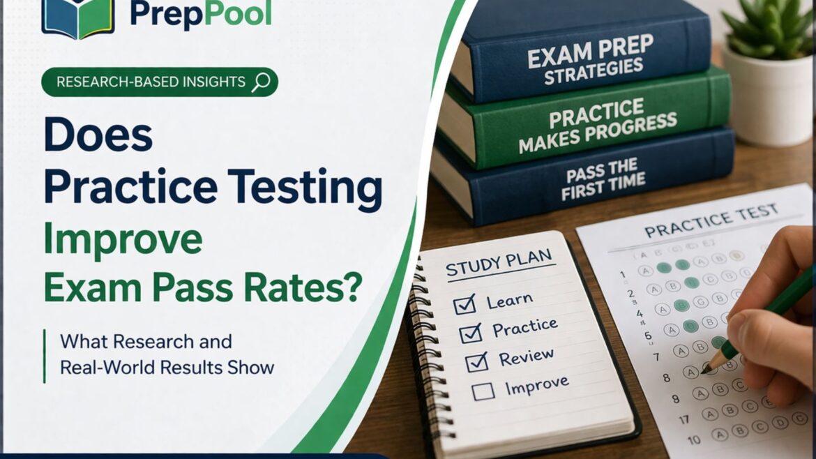 Student completing a practice test with study plan and exam preparation materials showing how practice testing improves exam pass rates
