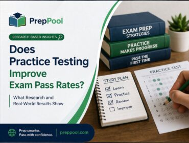 Student completing a practice test with study plan and exam preparation materials showing how practice testing improves exam pass rates