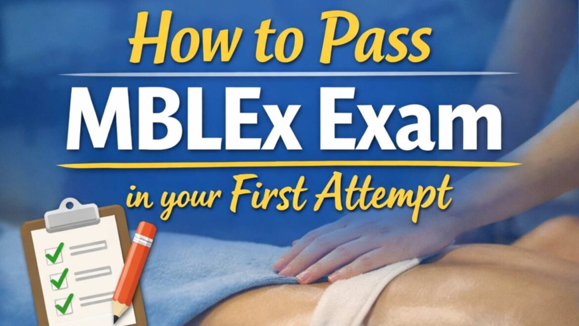 Illustration showing tips to pass the MBLEx exam on the first attempt with study checklist and massage therapy concept