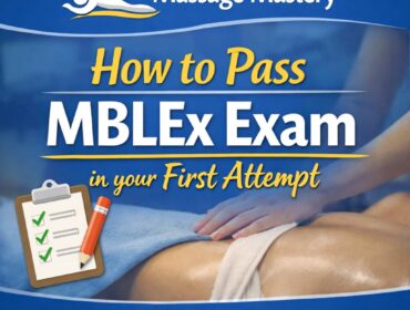Illustration showing tips to pass the MBLEx exam on the first attempt with study checklist and massage therapy concept