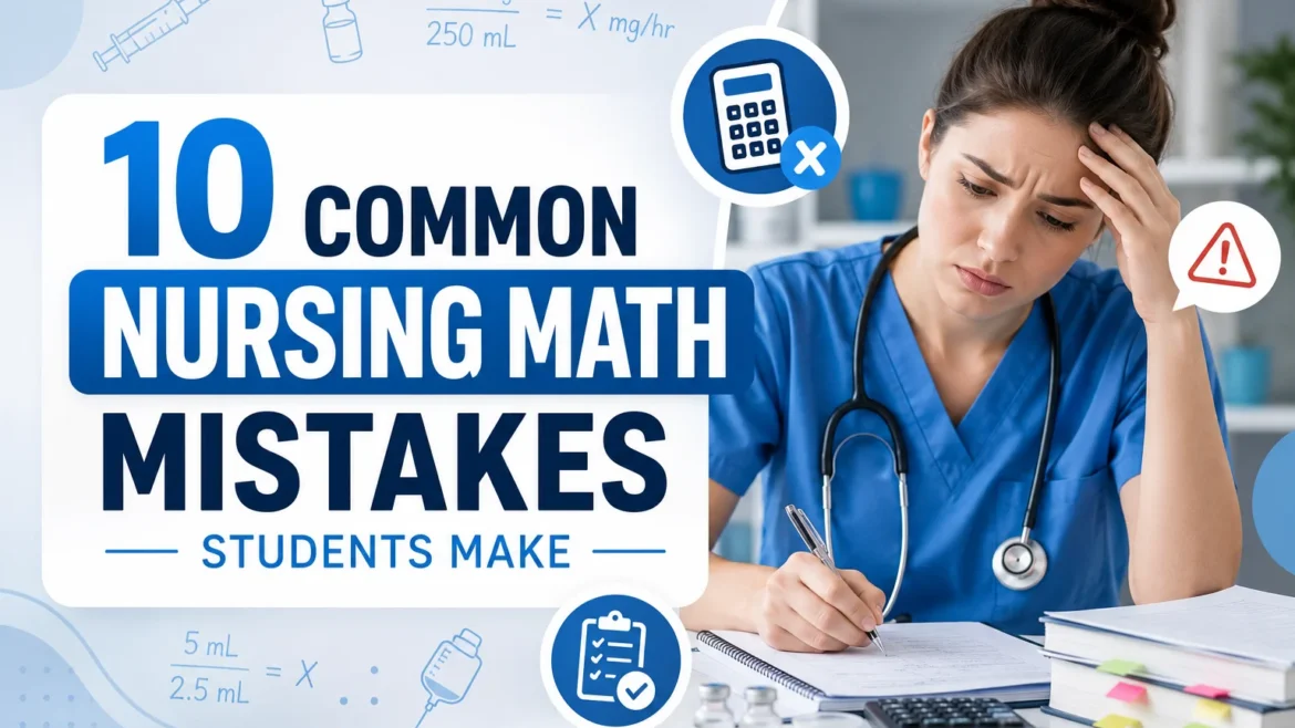Nursing student struggling with dosage calculations and nursing math problems while studying with calculator, medication formulas, and medical notes