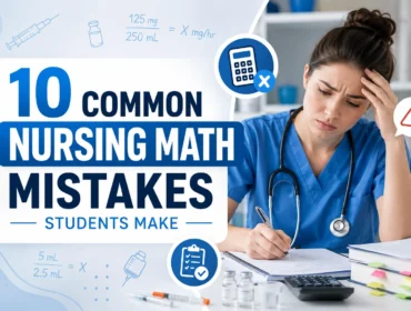 Nursing student struggling with dosage calculations and nursing math problems while studying with calculator, medication formulas, and medical notes