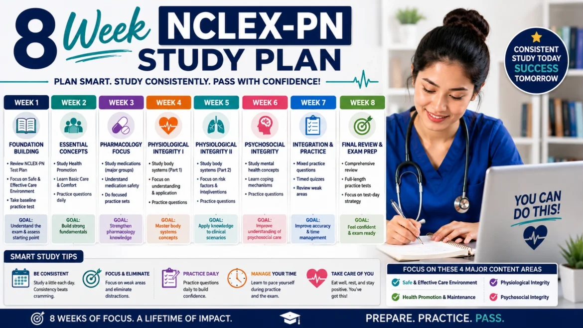 Detailed 8 week NCLEX-PN study plan infographic for nursing students covering pharmacology, physiological integrity, psychosocial care, practice questions, time management, and final exam preparation.