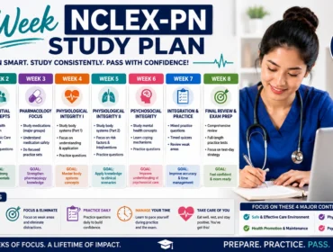 Detailed 8 week NCLEX-PN study plan infographic for nursing students covering pharmacology, physiological integrity, psychosocial care, practice questions, time management, and final exam preparation.