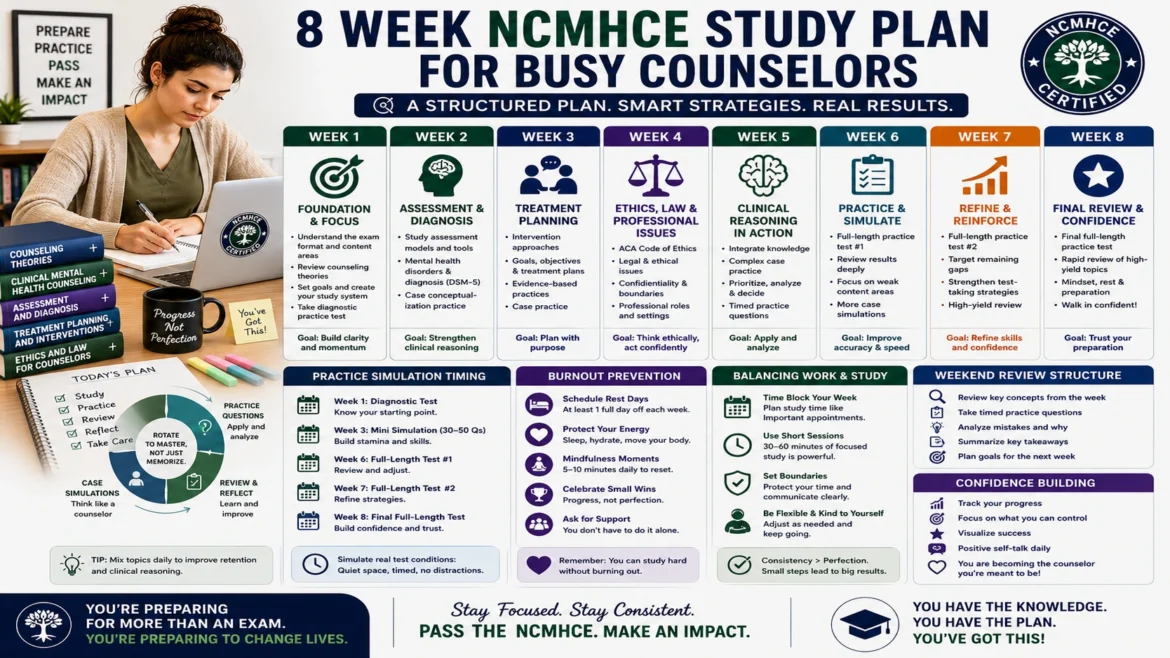 Counseling student following an 8 week NCMHCE study plan with weekly topic rotation, practice simulations, weekend reviews, burnout prevention strategies, and structured exam preparation designed for busy counselors balancing work and study.