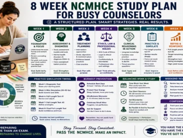 Counseling student following an 8 week NCMHCE study plan with weekly topic rotation, practice simulations, weekend reviews, burnout prevention strategies, and structured exam preparation designed for busy counselors balancing work and study.