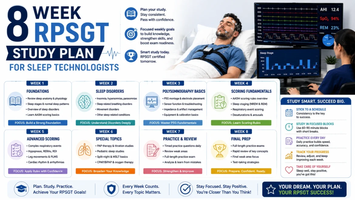 8 week RPSGT study plan infographic for sleep technologists featuring weekly exam preparation goals, polysomnography topics, sleep study monitoring equipment, and structured certification study schedule for RPSGT exam success.