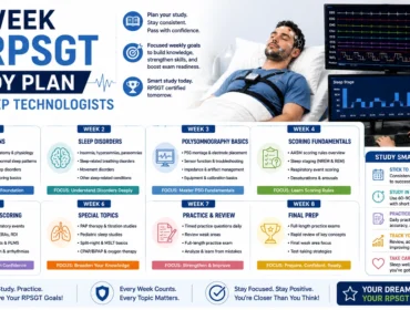 8 week RPSGT study plan infographic for sleep technologists featuring weekly exam preparation goals, polysomnography topics, sleep study monitoring equipment, and structured certification study schedule for RPSGT exam success.