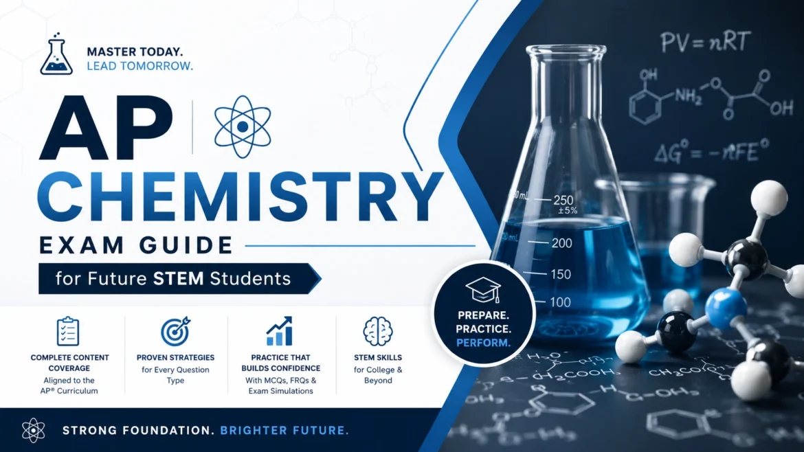 AP Chemistry exam guide for future STEM students featuring laboratory glassware, molecular models, chemistry formulas, AP Chem study preparation, practice strategies, and science education concepts for high school exam success