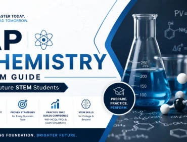 AP Chemistry exam guide for future STEM students featuring laboratory glassware, molecular models, chemistry formulas, AP Chem study preparation, practice strategies, and science education concepts for high school exam success