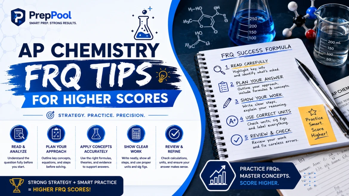 AP Chemistry FRQ study tips with chemistry lab visuals and exam strategy concepts