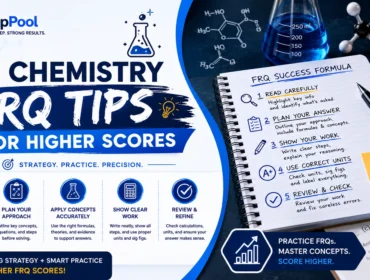 AP Chemistry FRQ study tips with chemistry lab visuals and exam strategy concepts
