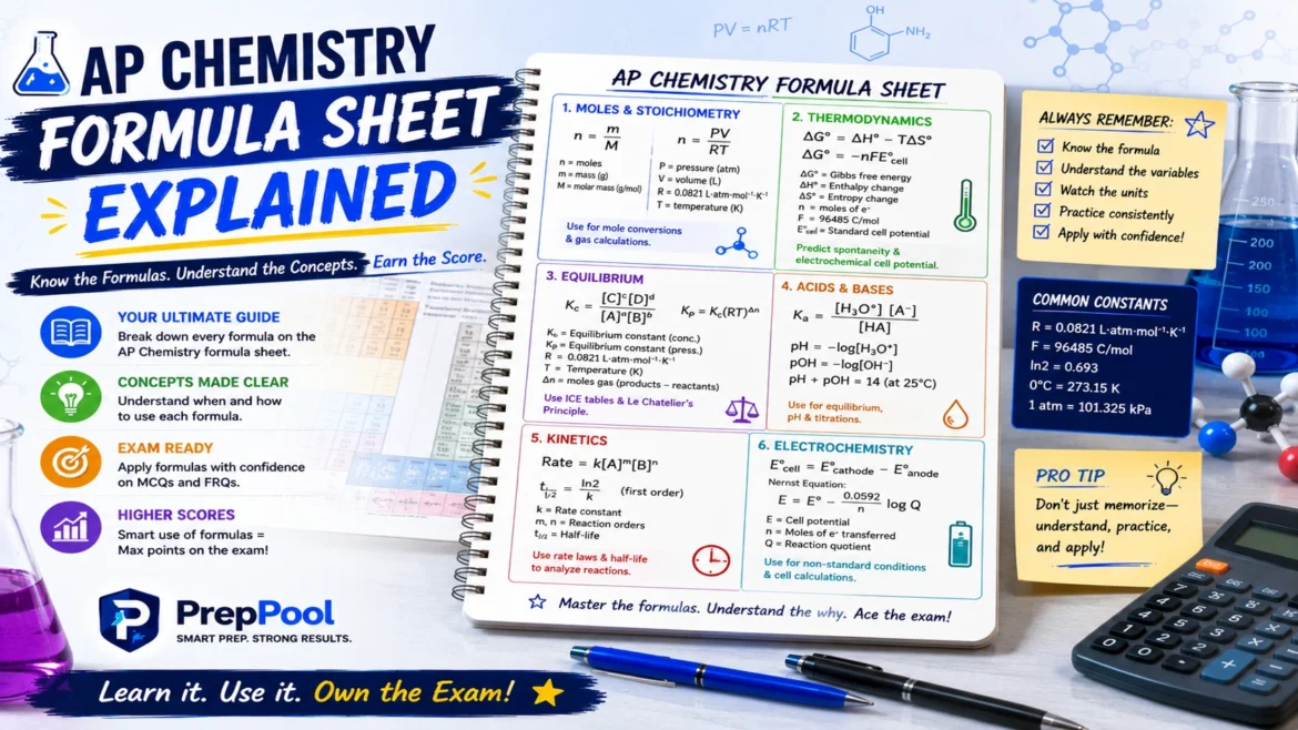 AP Chemistry formula sheet explained with chemistry equations, thermodynamics formulas, equilibrium constants, acids and bases calculations, electrochemistry concepts, and AP Chem exam study resources