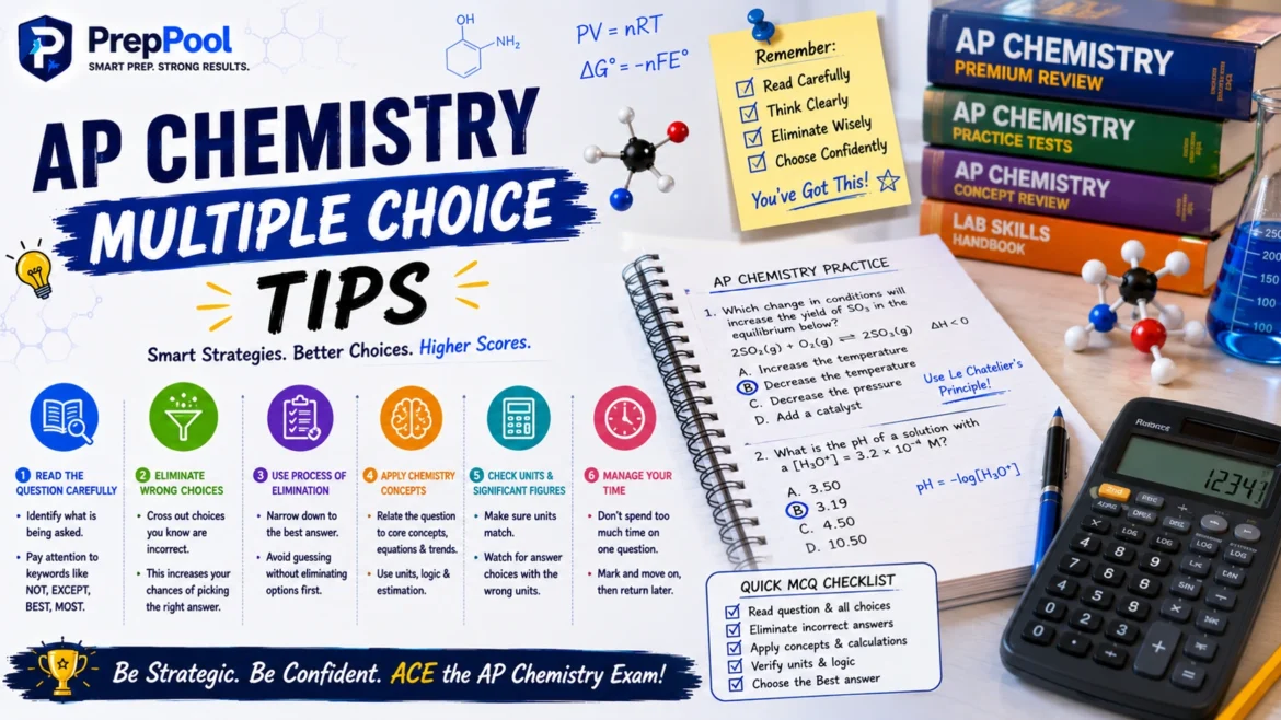 AP Chemistry multiple choice tips infographic featuring chemistry equations, MCQ strategies, AP Chem practice questions, molecular models, calculator, and exam preparation techniques for higher AP Chemistry scores