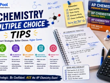 AP Chemistry multiple choice tips infographic featuring chemistry equations, MCQ strategies, AP Chem practice questions, molecular models, calculator, and exam preparation techniques for higher AP Chemistry scores