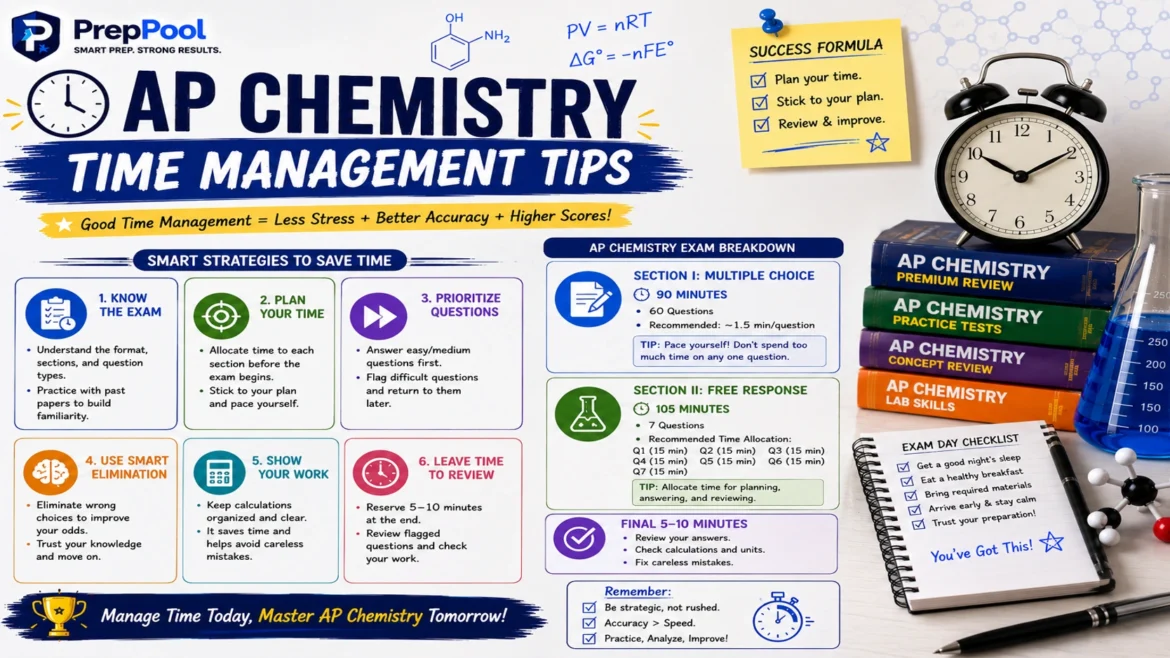 AP Chemistry time management tips infographic featuring study schedules, exam timing strategies, chemistry textbooks, stopwatch, laboratory equipment, and AP Chem exam preparation techniques for higher scores