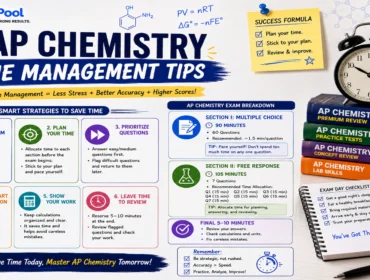 AP Chemistry time management tips infographic featuring study schedules, exam timing strategies, chemistry textbooks, stopwatch, laboratory equipment, and AP Chem exam preparation techniques for higher scores