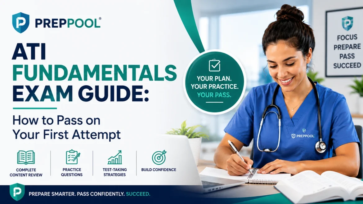 ATI Fundamentals Exam Guide showing a nursing student studying with ATI Fundamentals practice questions, test-taking strategies, content review, and tips to pass the ATI Fundamentals exam on the first attempt.