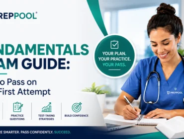 ATI Fundamentals Exam Guide showing a nursing student studying with ATI Fundamentals practice questions, test-taking strategies, content review, and tips to pass the ATI Fundamentals exam on the first attempt.