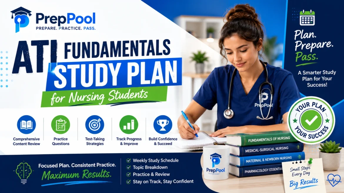 ATI Fundamentals study plan for nursing students featuring a structured ATI exam preparation schedule, practice questions, content review, and test-taking strategies to help students pass the ATI Fundamentals exam.