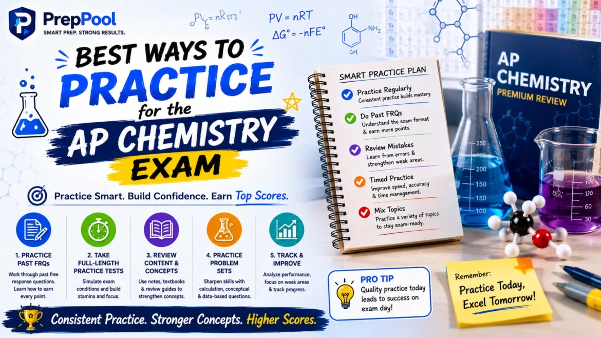 AP Chemistry exam practice guide featuring chemistry lab equipment, AP Chem practice strategies, FRQ preparation, timed practice tests, molecular models, and study planning for higher exam scores