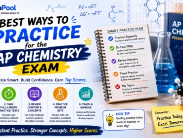 AP Chemistry exam practice guide featuring chemistry lab equipment, AP Chem practice strategies, FRQ preparation, timed practice tests, molecular models, and study planning for higher exam scores