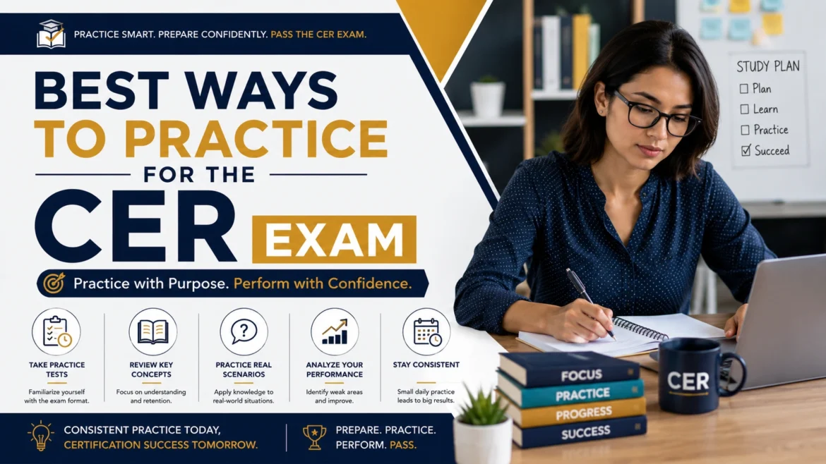 Professional CER exam practice banner featuring the best ways to practice for the CER exam, including mock tests, study planning, performance analysis, and certification preparation strategies