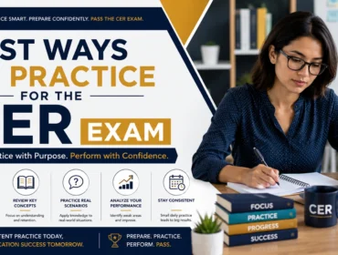 Professional CER exam practice banner featuring the best ways to practice for the CER exam, including mock tests, study planning, performance analysis, and certification preparation strategies