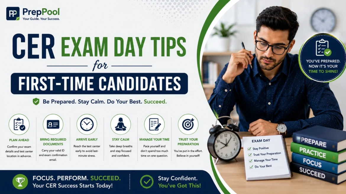 Professional PrepPool branded CER exam day tips banner for first-time candidates featuring test day preparation strategies, time management tips, confidence-building advice, and certification exam success guidance
