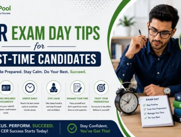 Professional PrepPool branded CER exam day tips banner for first-time candidates featuring test day preparation strategies, time management tips, confidence-building advice, and certification exam success guidance