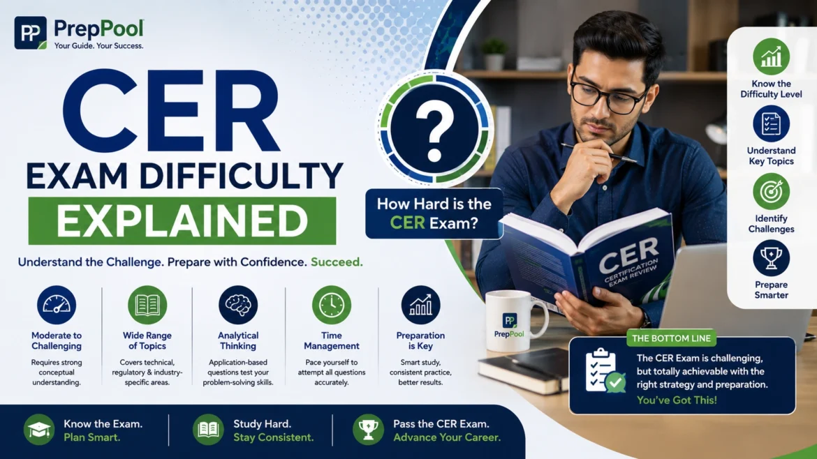 Professional PrepPool branded CER exam difficulty guide featuring study insights, exam challenge explanation, preparation strategies, and certification success tips for CER test takers.