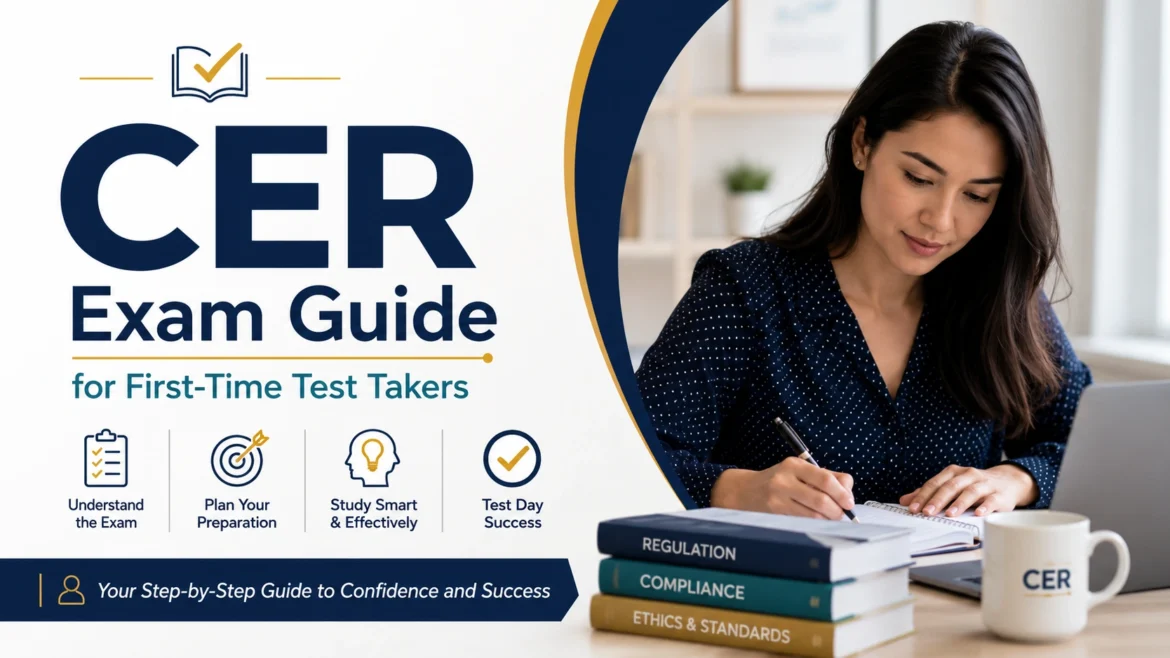 Professional CER exam guide banner for first-time test takers featuring study preparation tips, exam success strategies, and a student preparing for the certification exam.