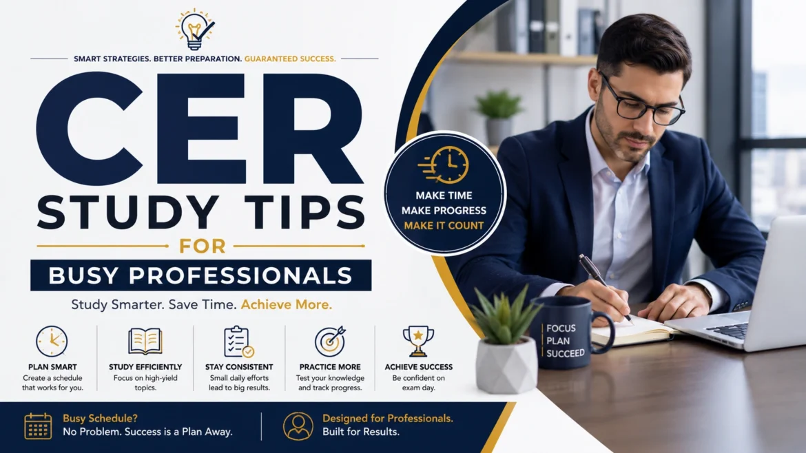 Professional CER study tips banner for busy professionals featuring smart study strategies, time management techniques, exam preparation planning, and effective CER certification success tips.