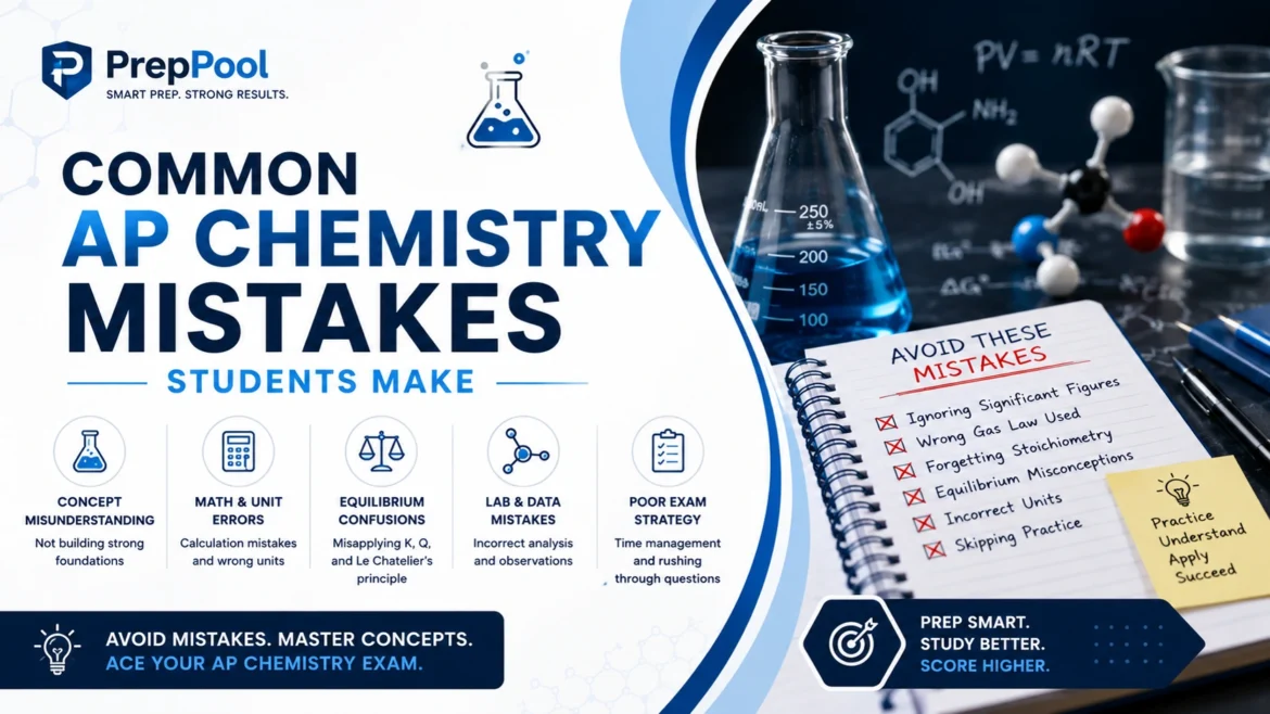 AP Chemistry exam mistakes guide with chemistry lab visuals and student study tips