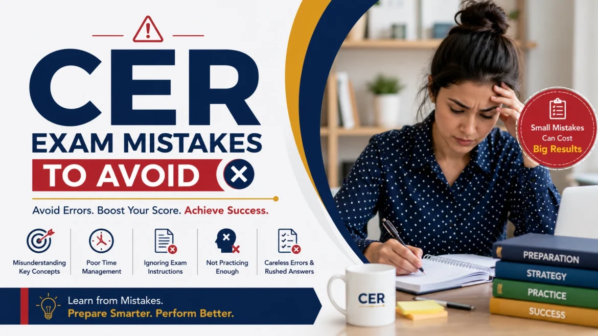 Professional CER exam preparation banner showing common CER exam mistakes to avoid, including time management errors, study mistakes, and test-taking strategies for certification success.