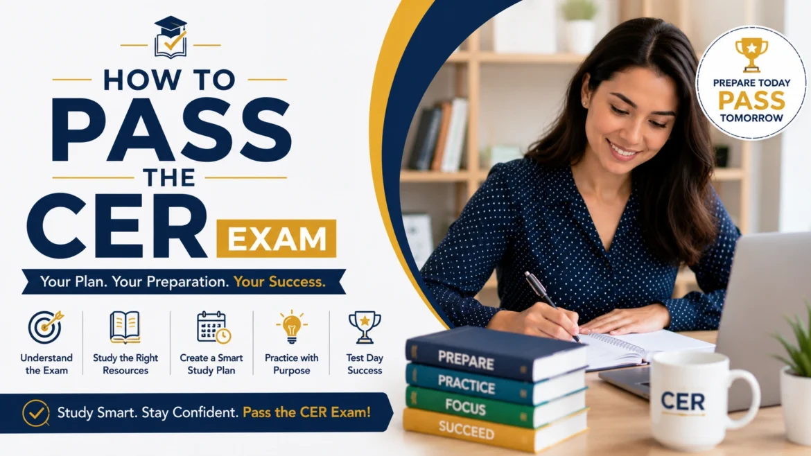 Professional CER exam preparation banner showing how to pass the CER exam with study strategies, smart preparation tips, practice planning, and certification exam success guidance.
