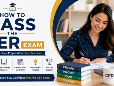Professional CER exam preparation banner showing how to pass the CER exam with study strategies, smart preparation tips, practice planning, and certification exam success guidance.