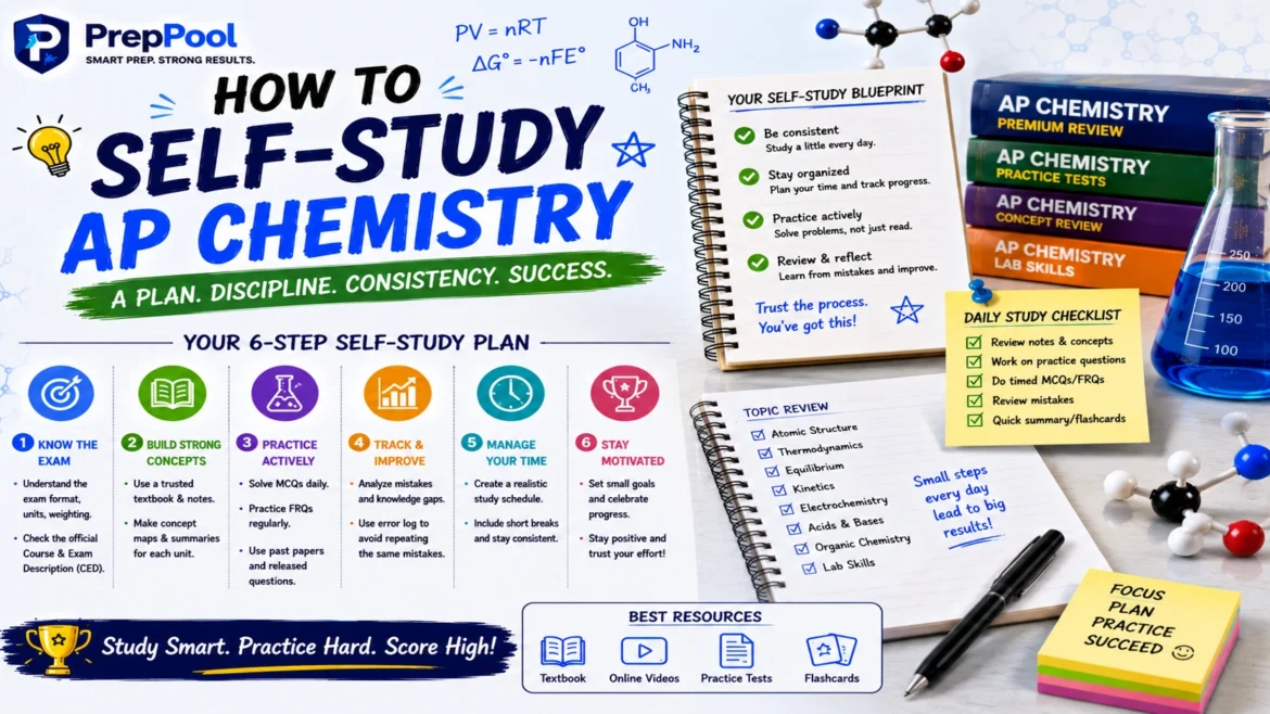 AP Chemistry self-study guide featuring chemistry textbooks, study planner, molecular models, AP Chem practice resources, laboratory concepts, and independent study strategies for exam preparation and higher scores