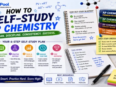 AP Chemistry self-study guide featuring chemistry textbooks, study planner, molecular models, AP Chem practice resources, laboratory concepts, and independent study strategies for exam preparation and higher scores