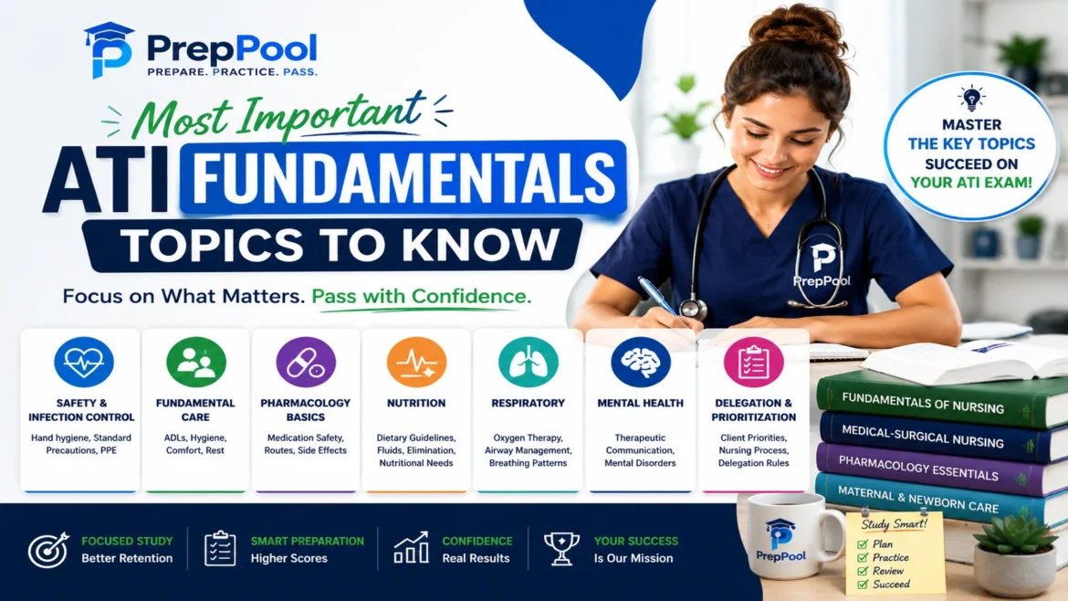 ATI Fundamentals topics guide highlighting essential nursing concepts including infection control, pharmacology, nutrition, respiratory care, mental health, delegation, and fundamental patient care for ATI exam preparation.
