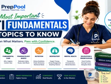 ATI Fundamentals topics guide highlighting essential nursing concepts including infection control, pharmacology, nutrition, respiratory care, mental health, delegation, and fundamental patient care for ATI exam preparation.